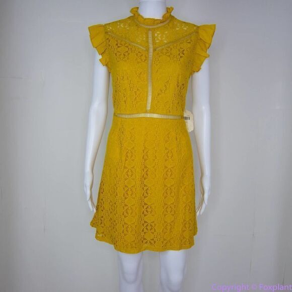 NEW Altar'd State mustard yellow lace dress with ruffle neck , L - Picture 2 of 14